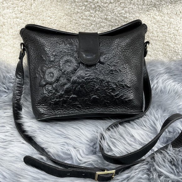 Vintage Handbags - Vintage Tooled Black Leather Floral Crossbody Bag